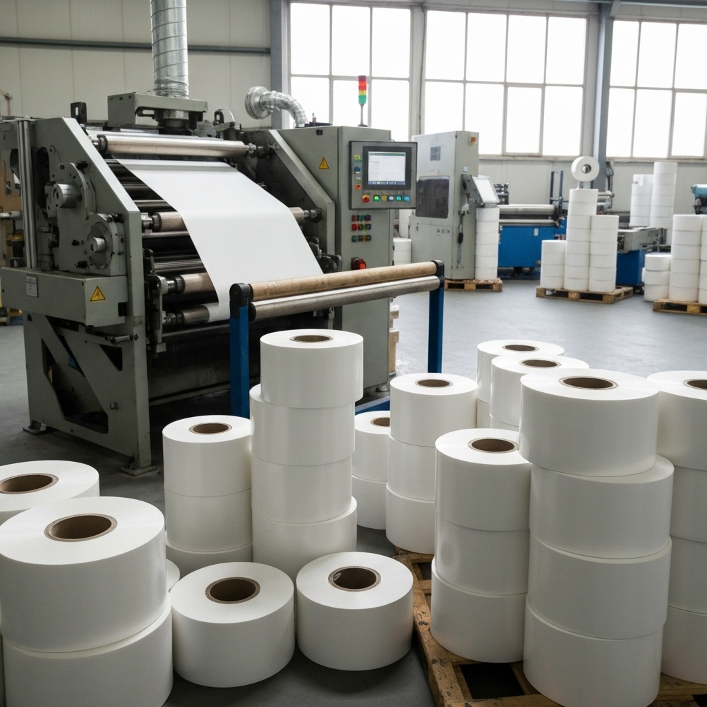 Weiße Klebebandrollen in der Fertigung