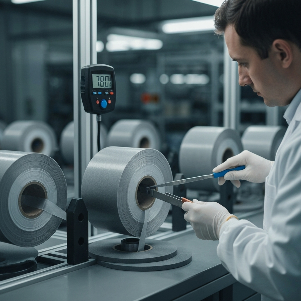 Graue Klebebandrolle in der Qualitätskontrolle